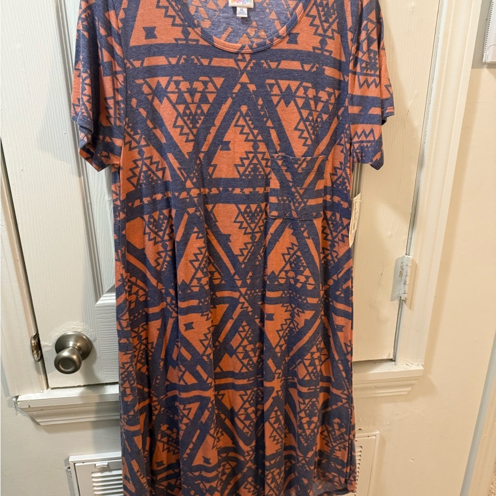 LuLaRoe Carly Dress in Orange and Blue